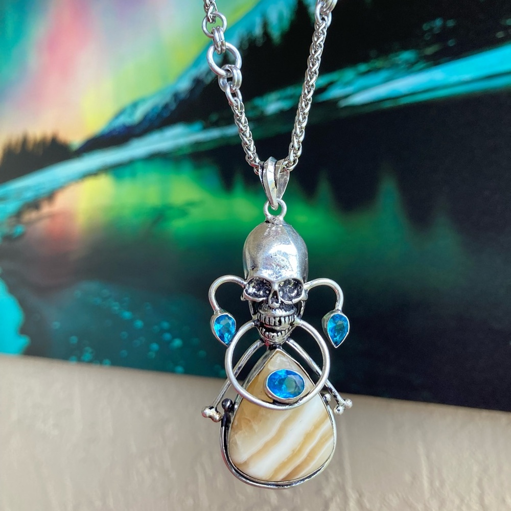 yellow white stripped agate & blue aquamarine stones skull boho goth necklace .